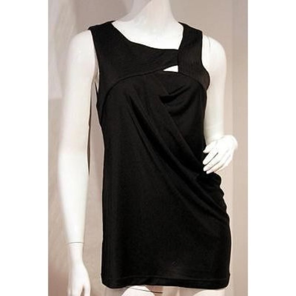 POLECI BLACK Shirt TOP Front Peep Hole DRAPED Sleeveless S